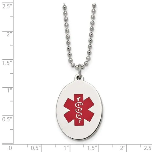 Stainless Steel Brushed and Polished with Red Enamel Medical ID Necklace
