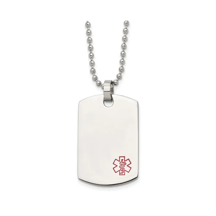 Stainless Steel Polished with Red Enamel Medical Dog Tag Necklace