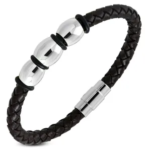 Stainless Steel Silver-Tone Black Leather Braided Wristband Bracelet, 8"
