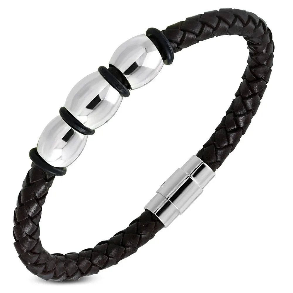 Stainless Steel Silver-Tone Black Leather Braided Wristband Bracelet, 8"