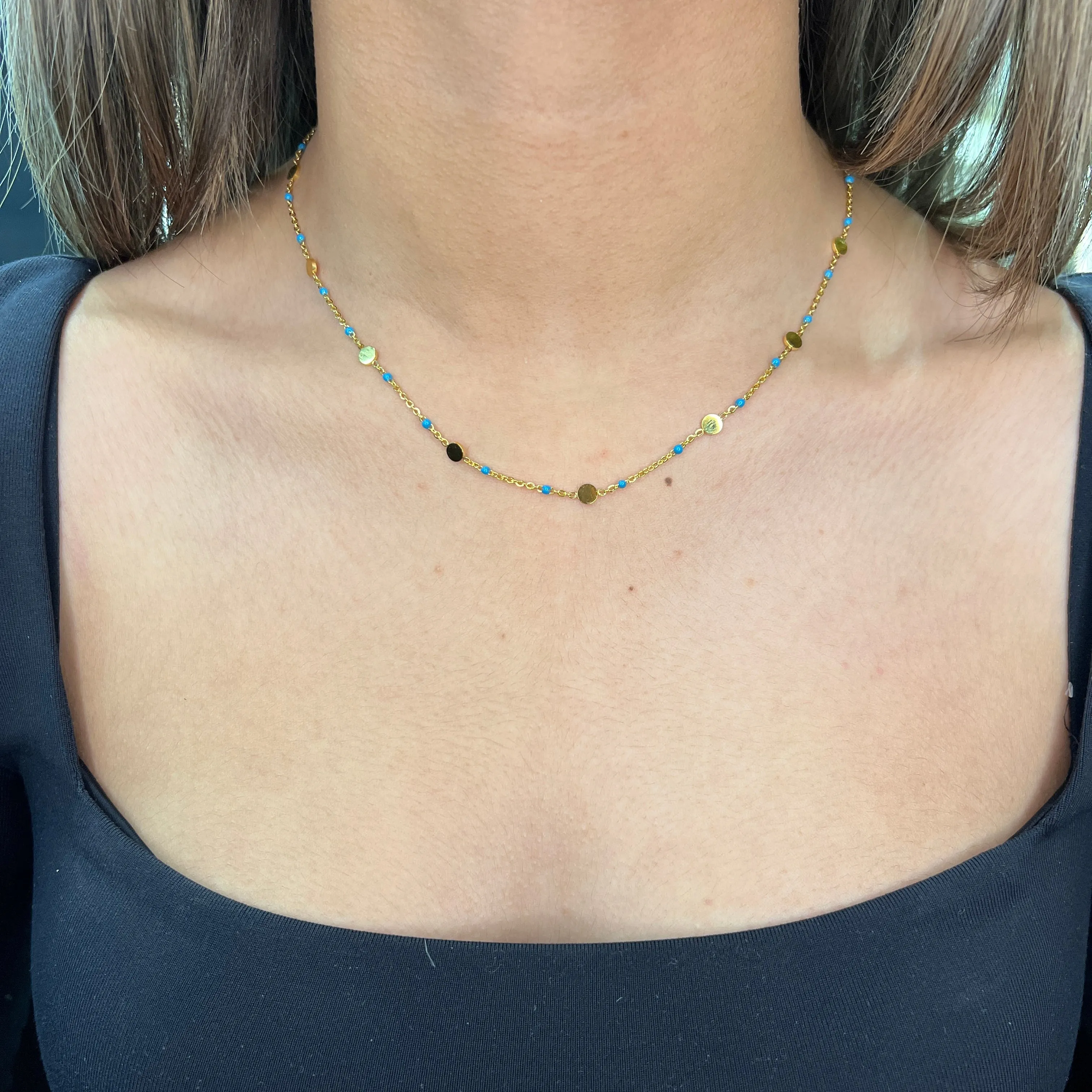 Steelx Stainless Steel Gold Plated Disc and Turquoise Enamel Beaded Necklace