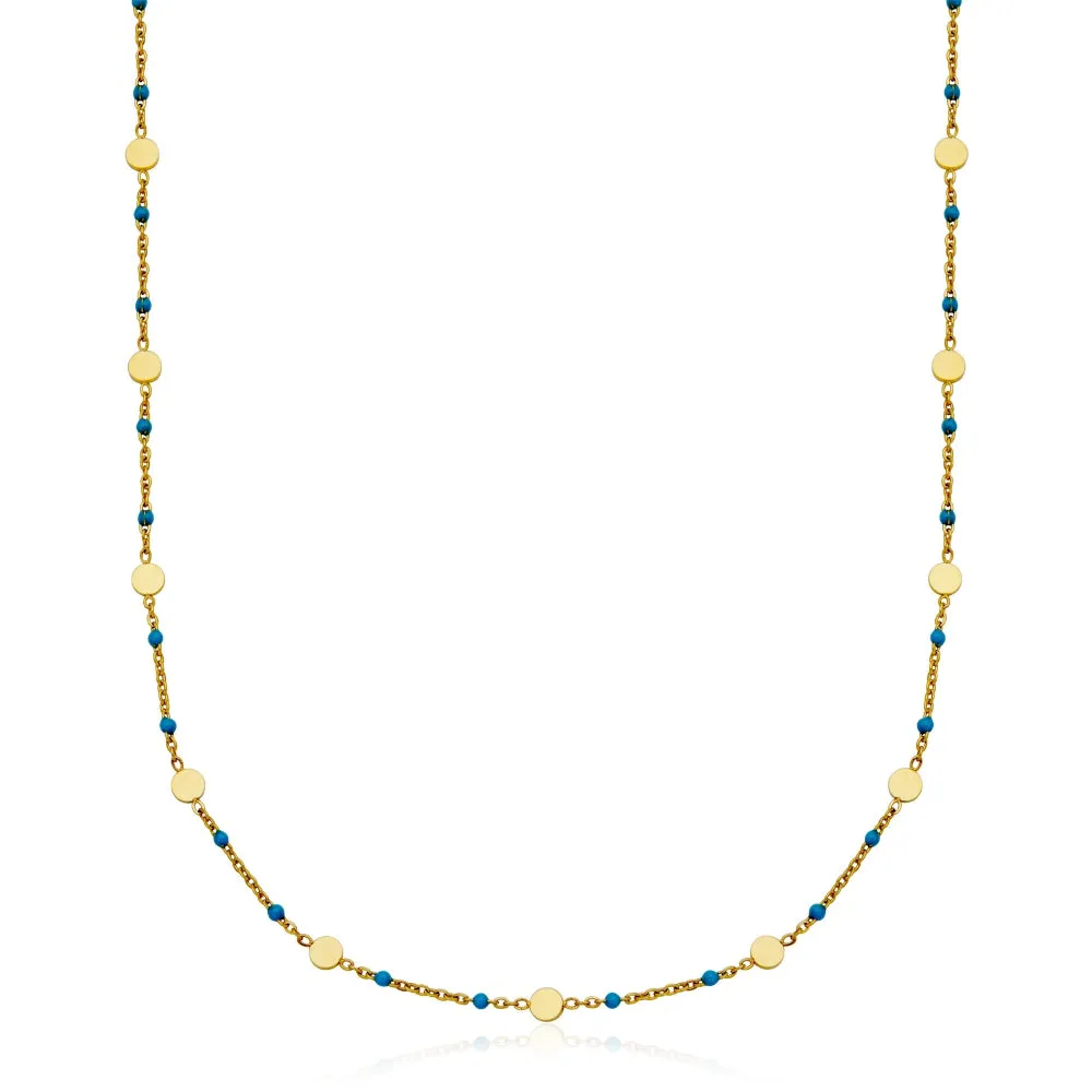 Steelx Stainless Steel Gold Plated Disc and Turquoise Enamel Beaded Necklace
