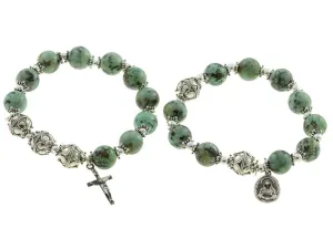 Sterling Silver Double Elastic Rosary Bracelet, Turquoise, 7 Sorrows Rosary and Trinity