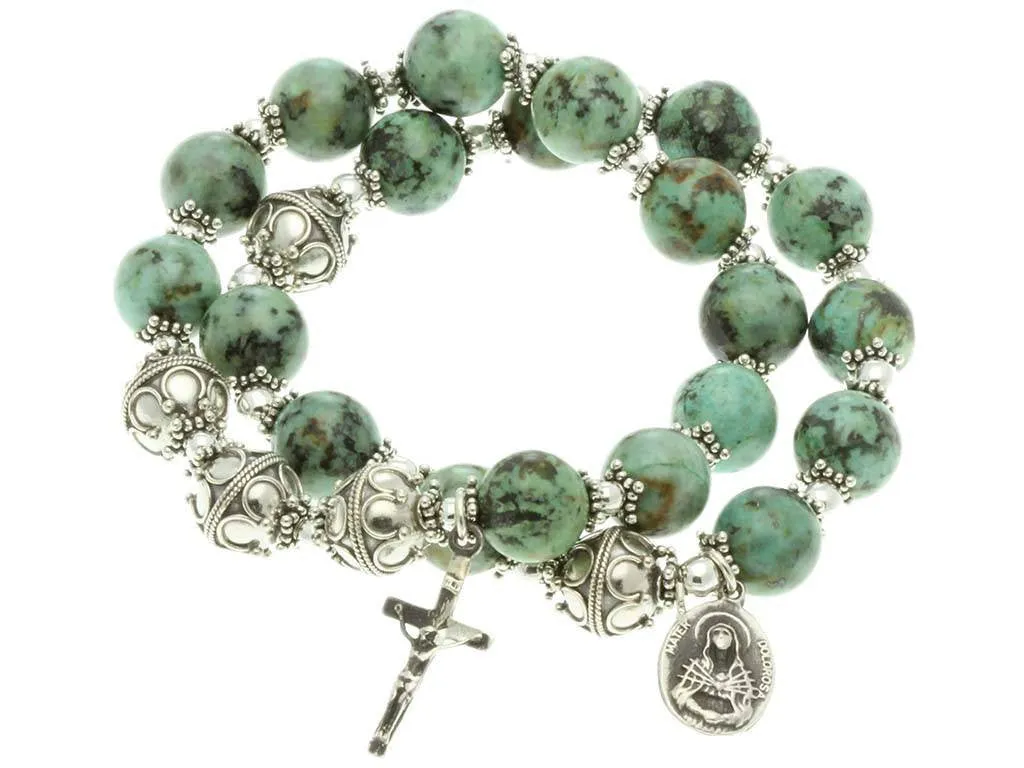 Sterling Silver Double Elastic Rosary Bracelet, Turquoise, 7 Sorrows Rosary and Trinity