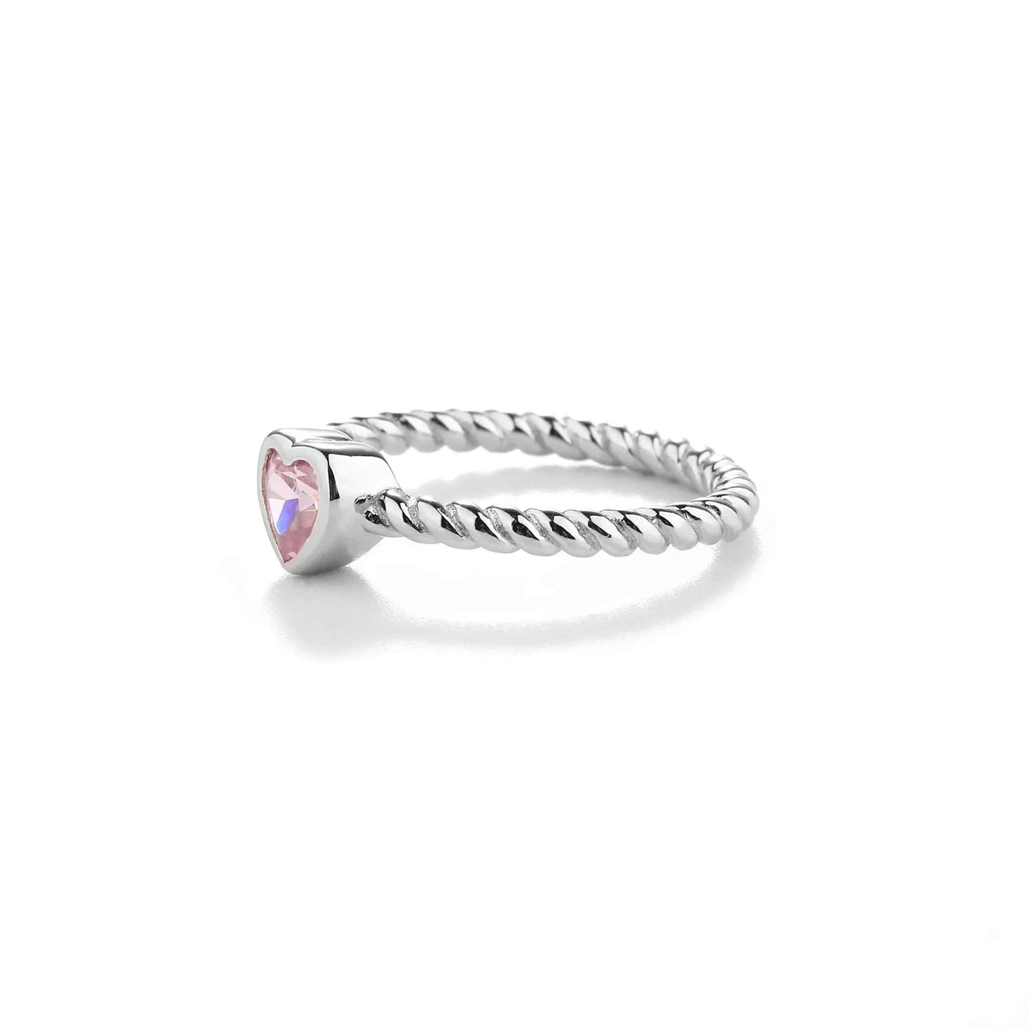 Sterling Silver Rope Ring with Pink CZ Heart for Girls
