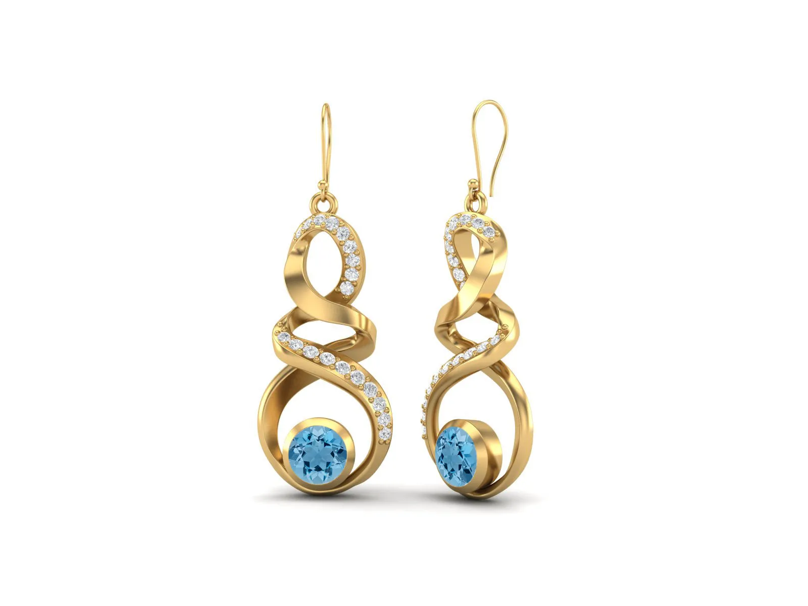 Swiss Blue Topaz 5mm Round 9k Yellow Gold Infinity Dangle Women Earrings