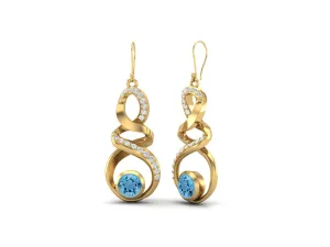 Swiss Blue Topaz 5mm Round 9k Yellow Gold Infinity Dangle Women Earrings