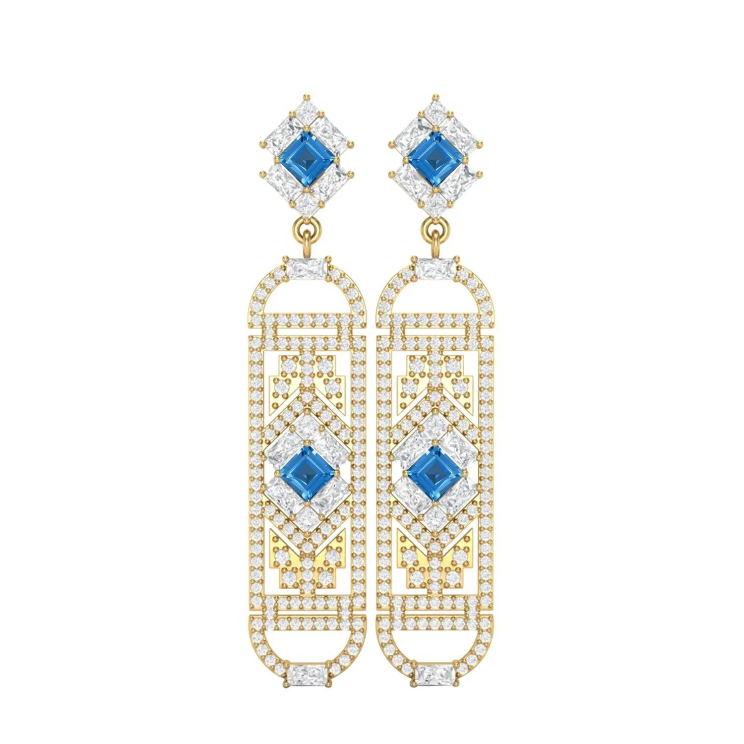 Swiss Blue Topaz Cylindrical Long Drop Dangle Women Earrings 9k Yellow Gold