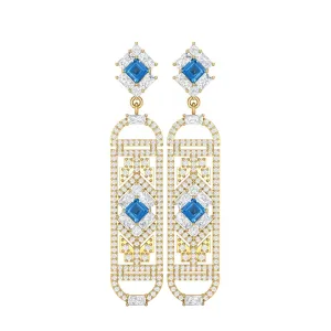 Swiss Blue Topaz Cylindrical Long Drop Dangle Women Earrings 9k Yellow Gold