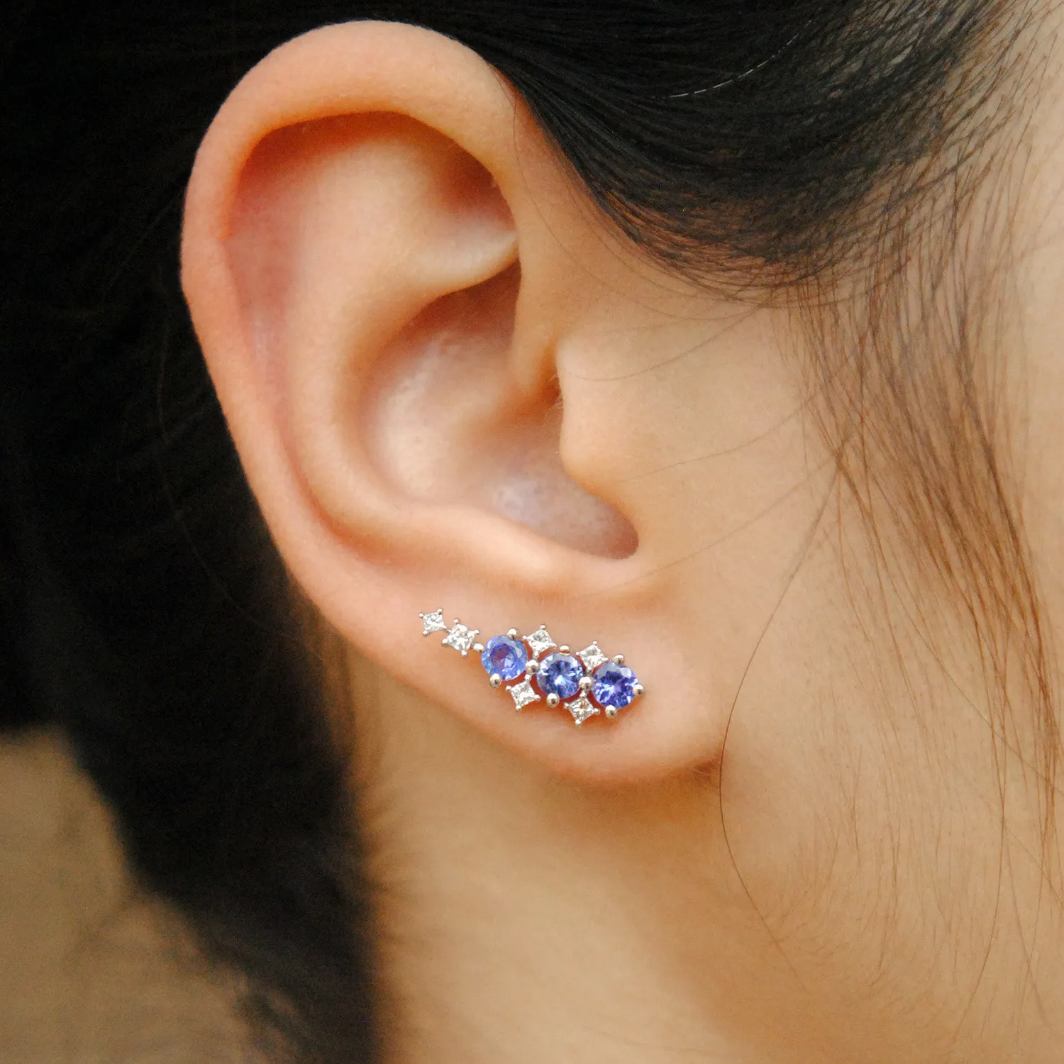 Tanzanite & Diamond Ear Climber Studs
