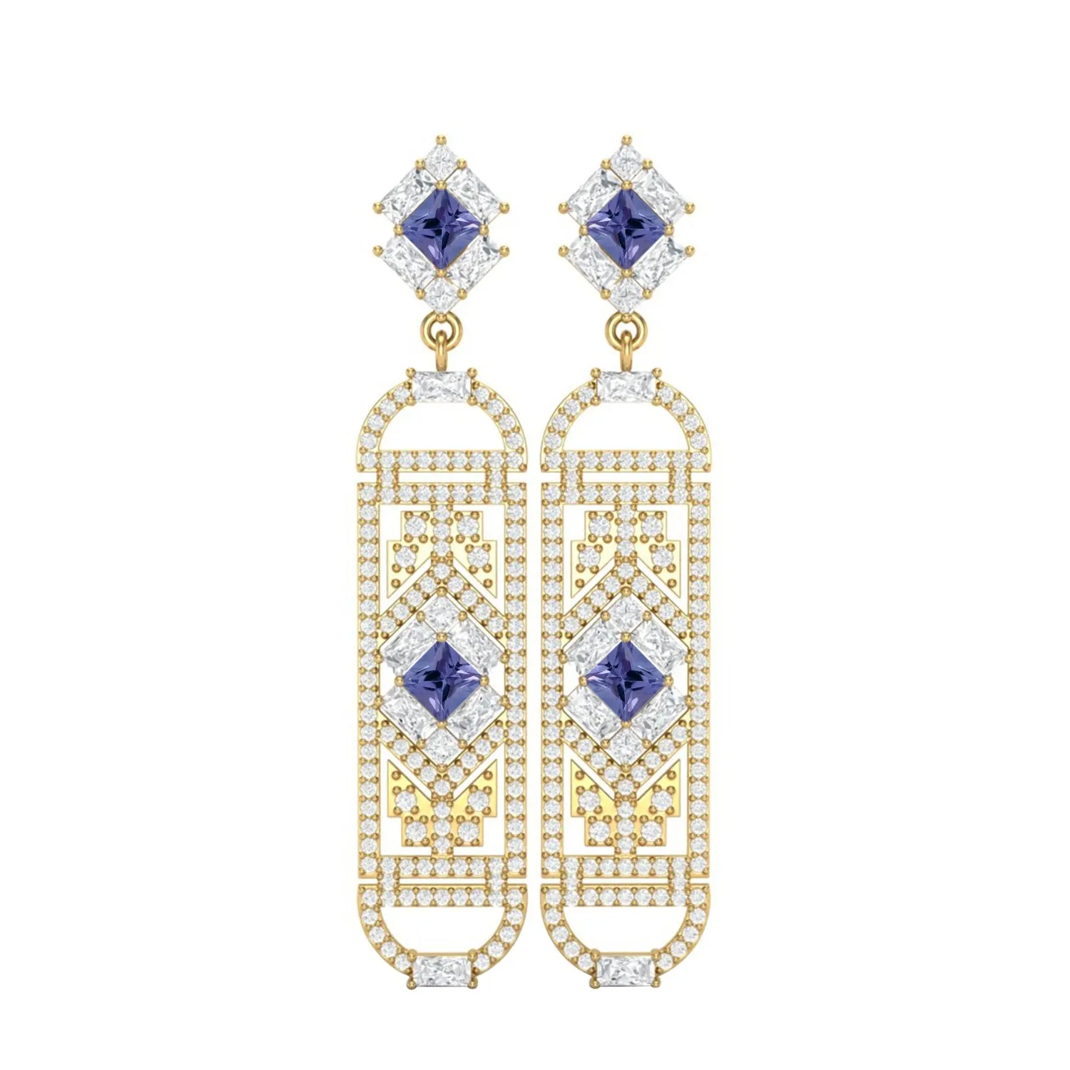 Tanzanite Cylindrical Long Drop Dangle Women Earrings 9k Gold Plated