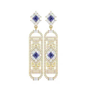 Tanzanite Cylindrical Long Drop Dangle Women Earrings 9k Gold Plated