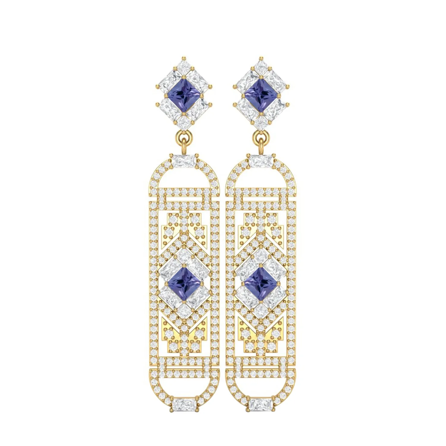 Tanzanite Cylindrical Long Drop Dangle Women Earrings 9k Gold