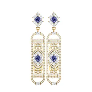 Tanzanite Cylindrical Long Drop Dangle Women Earrings 9k Gold
