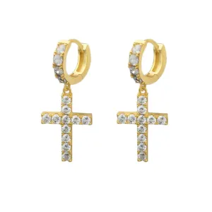Tennis Dazzling Divine Cross Drop Huggie Hoop Earrings - C203129