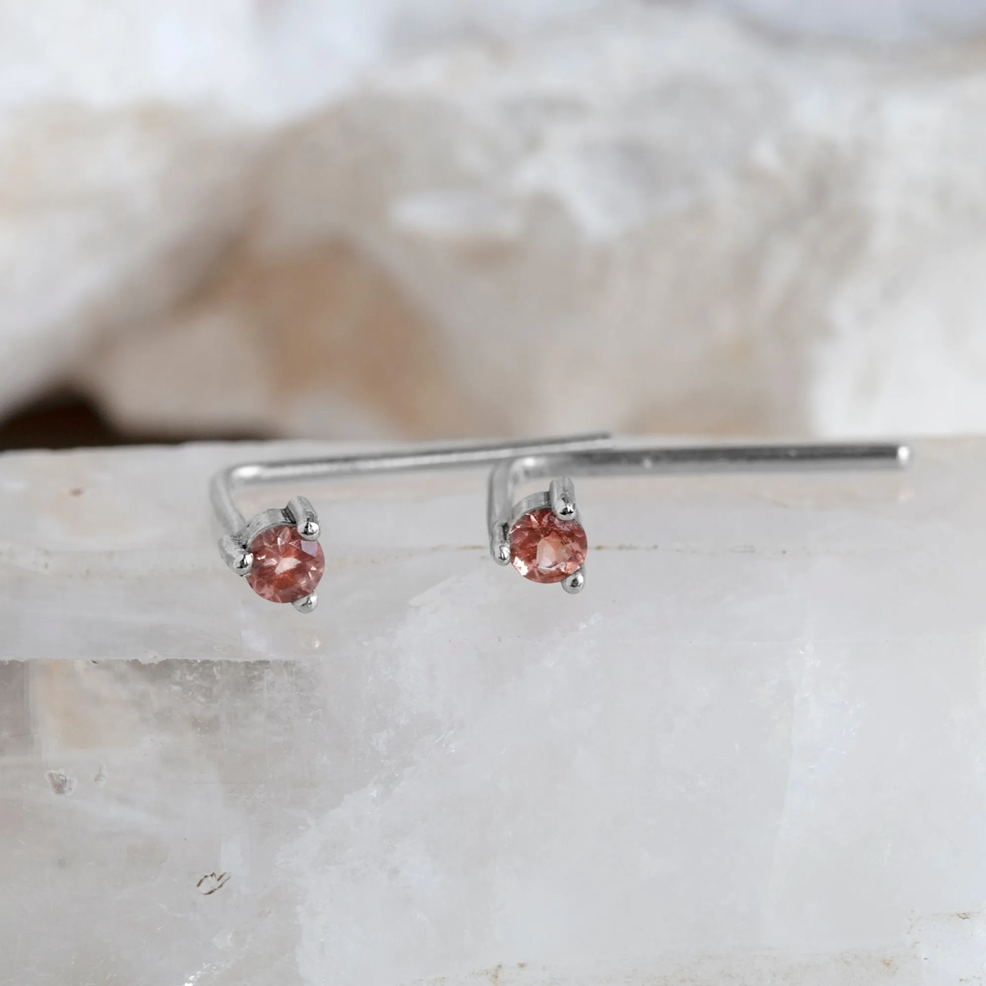 The Sunstone Staple Thread Earrings | 14K White Gold