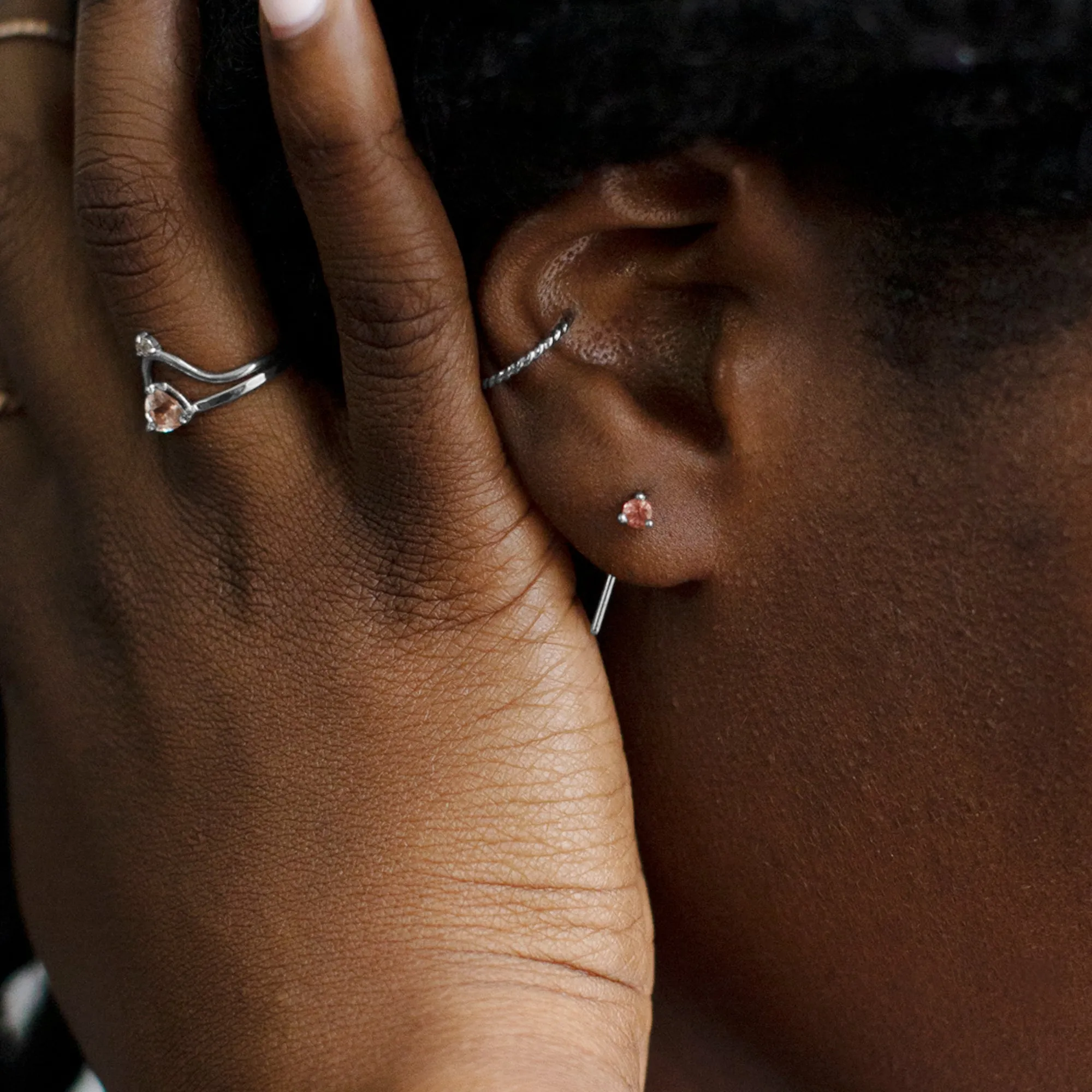 The Sunstone Staple Thread Earrings | 14K White Gold