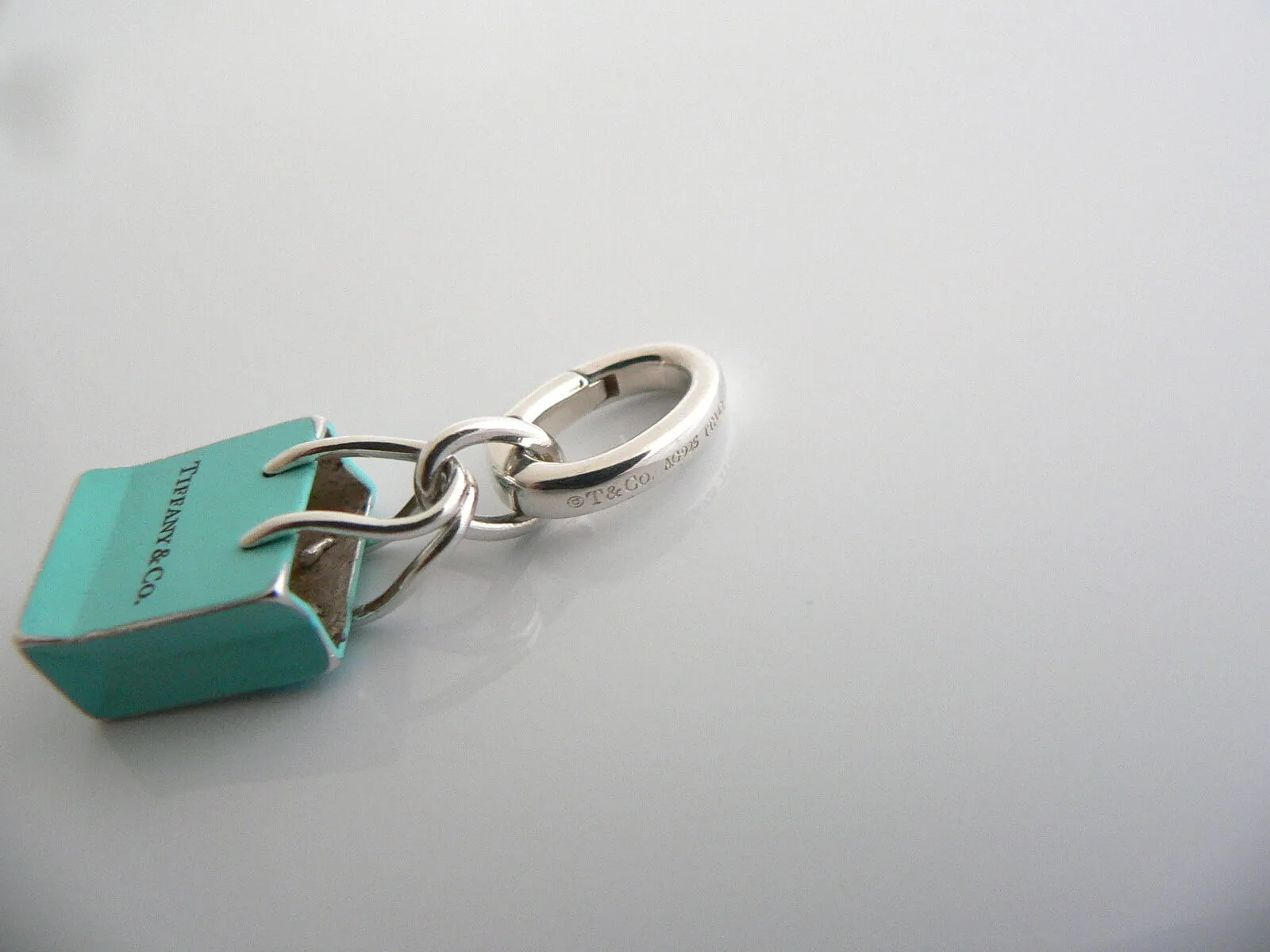 Tiffany & Co Silver Blue Enamel Shopping Bag Charm Pendant Oval Clasp Gift Love