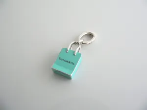 Tiffany & Co Silver Blue Enamel Shopping Bag Charm Pendant Oval Clasp Gift Love