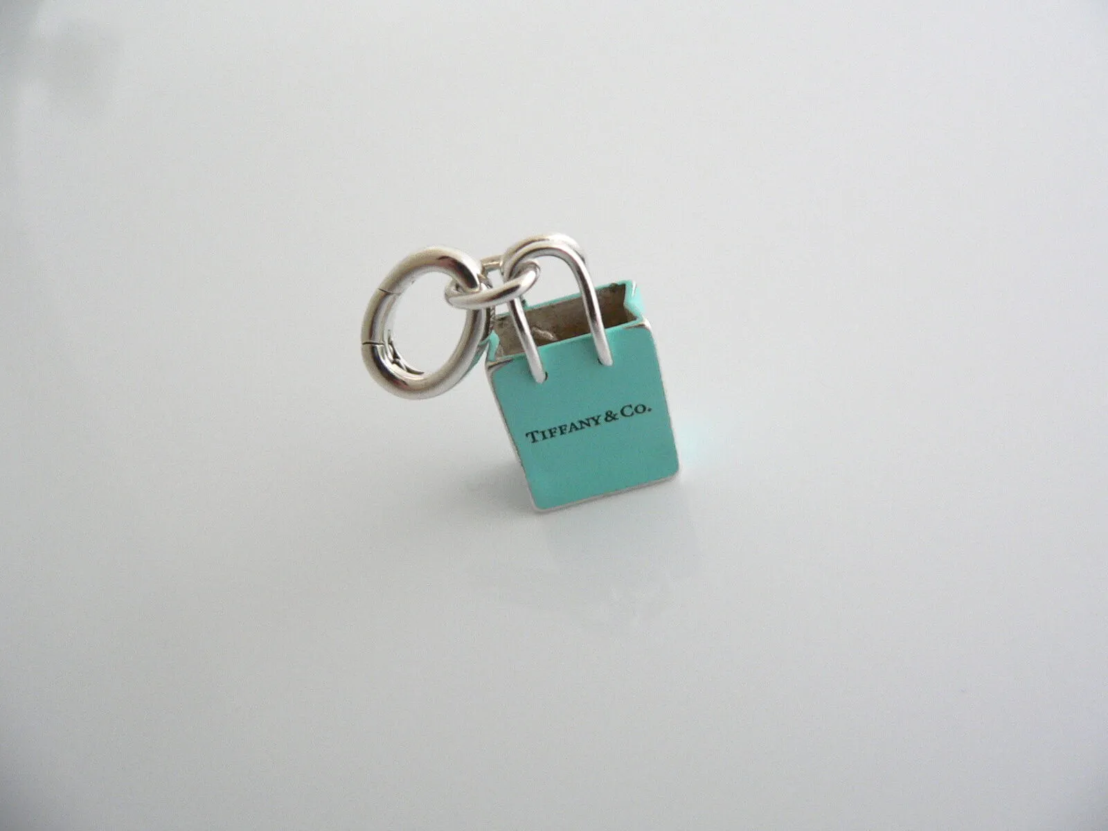 Tiffany & Co Silver Blue Enamel Shopping Bag Charm Pendant Oval Clasp Gift Love