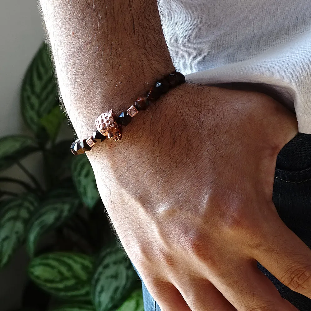 Tiger's Eye Bracelet for Man 925 Silver Jaguar and Natural Red Gemstone Faceted Beads