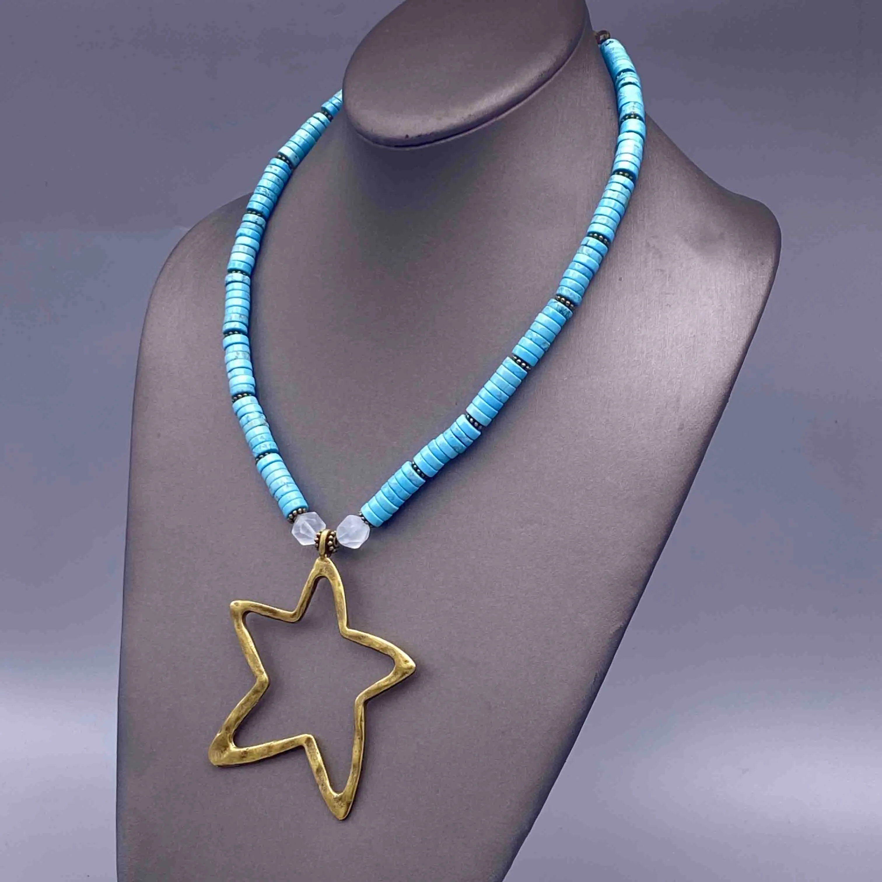 Turquoise and Blue Topaz Brass Star pendant Necklace