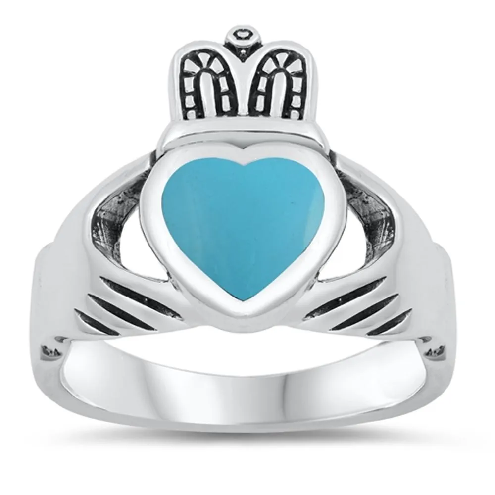 Turquoise Claddagh Heart Polished Ring New .925 Sterling Silver Band Sizes 8-12