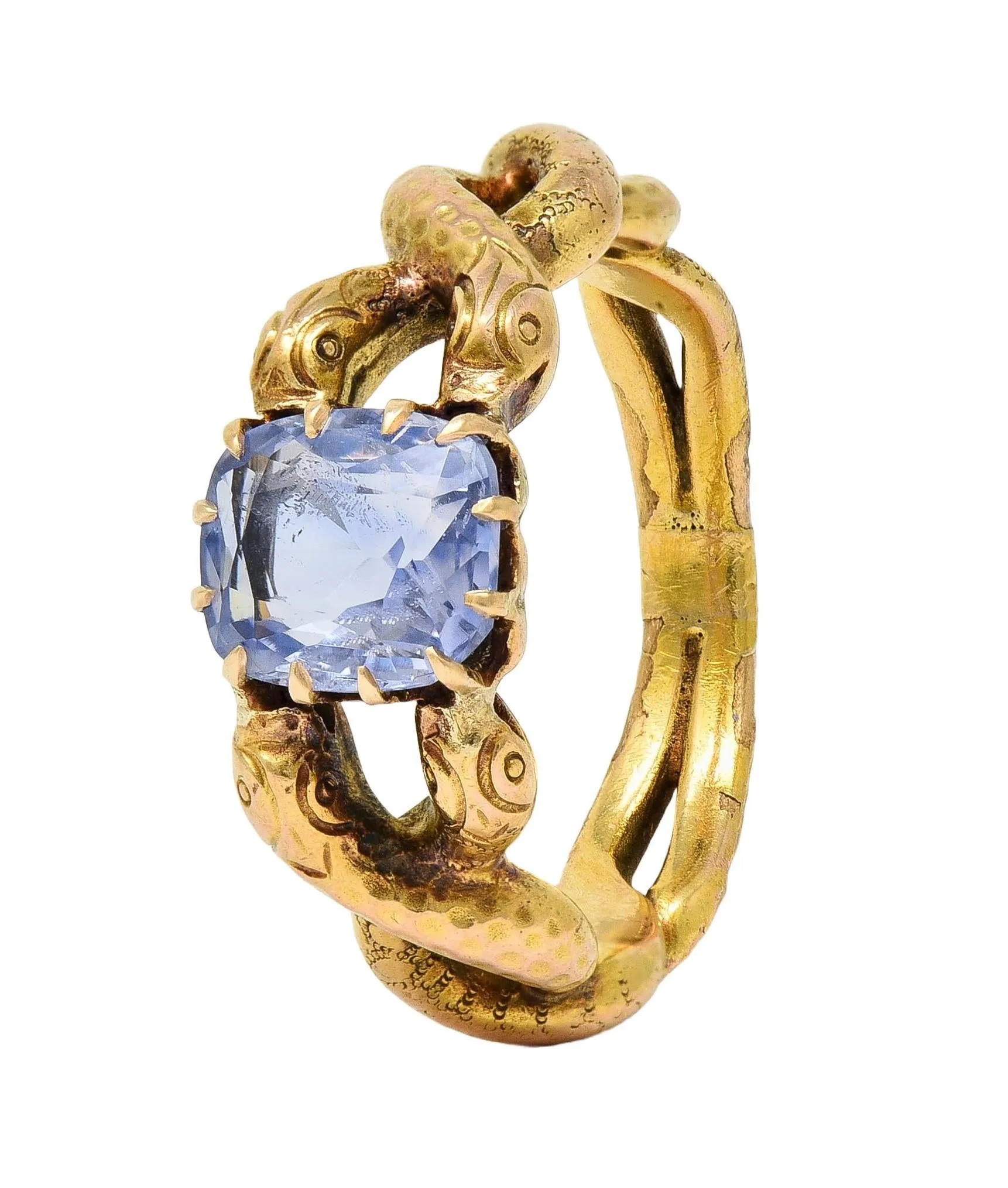 Victorian 1.92 CTW Sapphire 14 Karat Yellow Gold Antique Love Knot Unisex Snake Ring