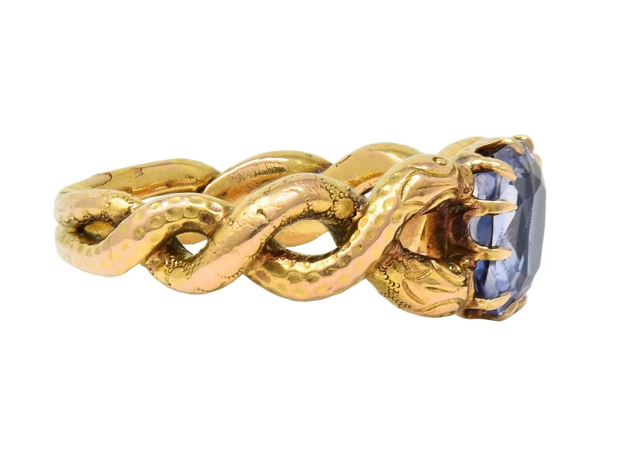 Victorian 1.92 CTW Sapphire 14 Karat Yellow Gold Antique Love Knot Unisex Snake Ring