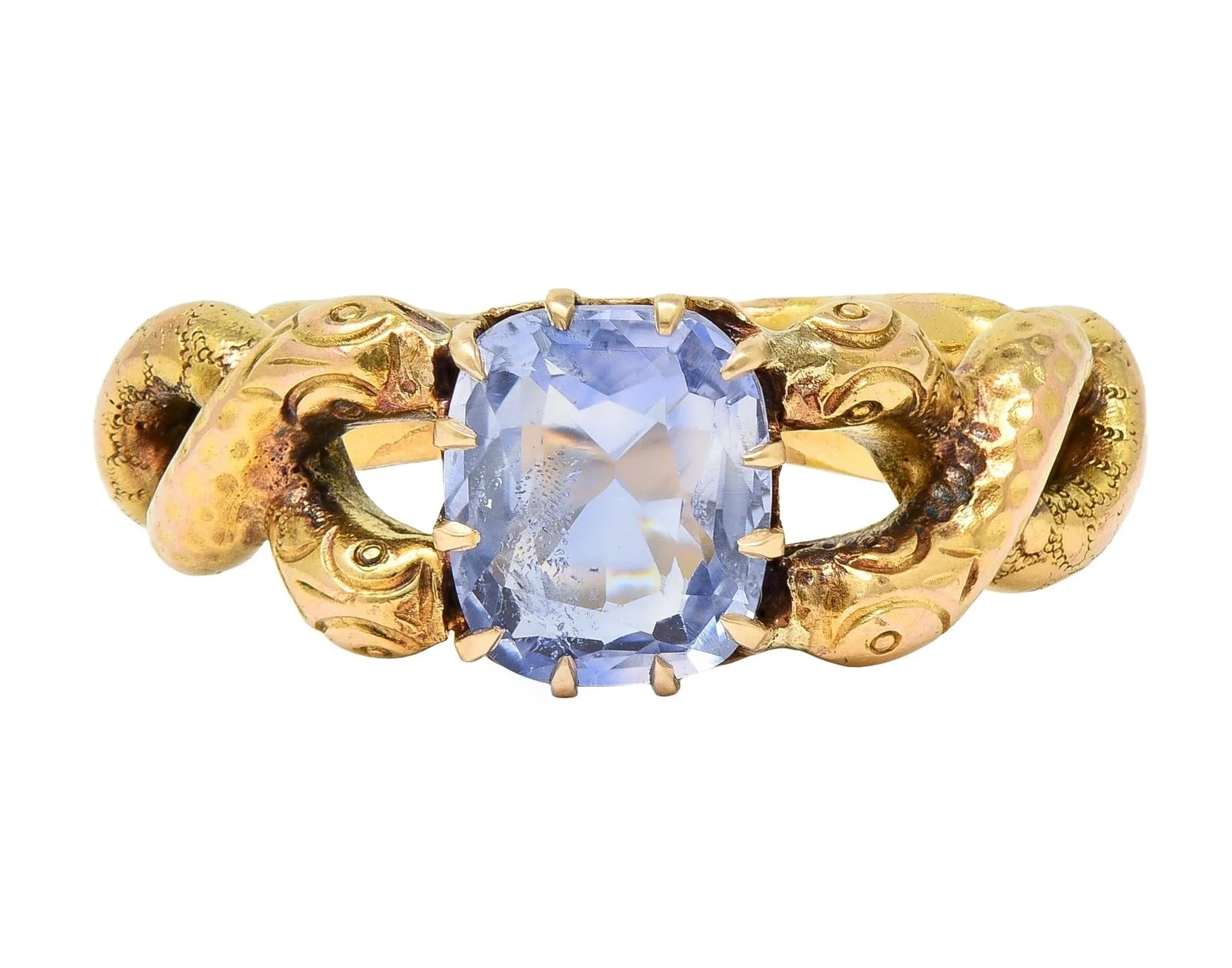 Victorian 1.92 CTW Sapphire 14 Karat Yellow Gold Antique Love Knot Unisex Snake Ring