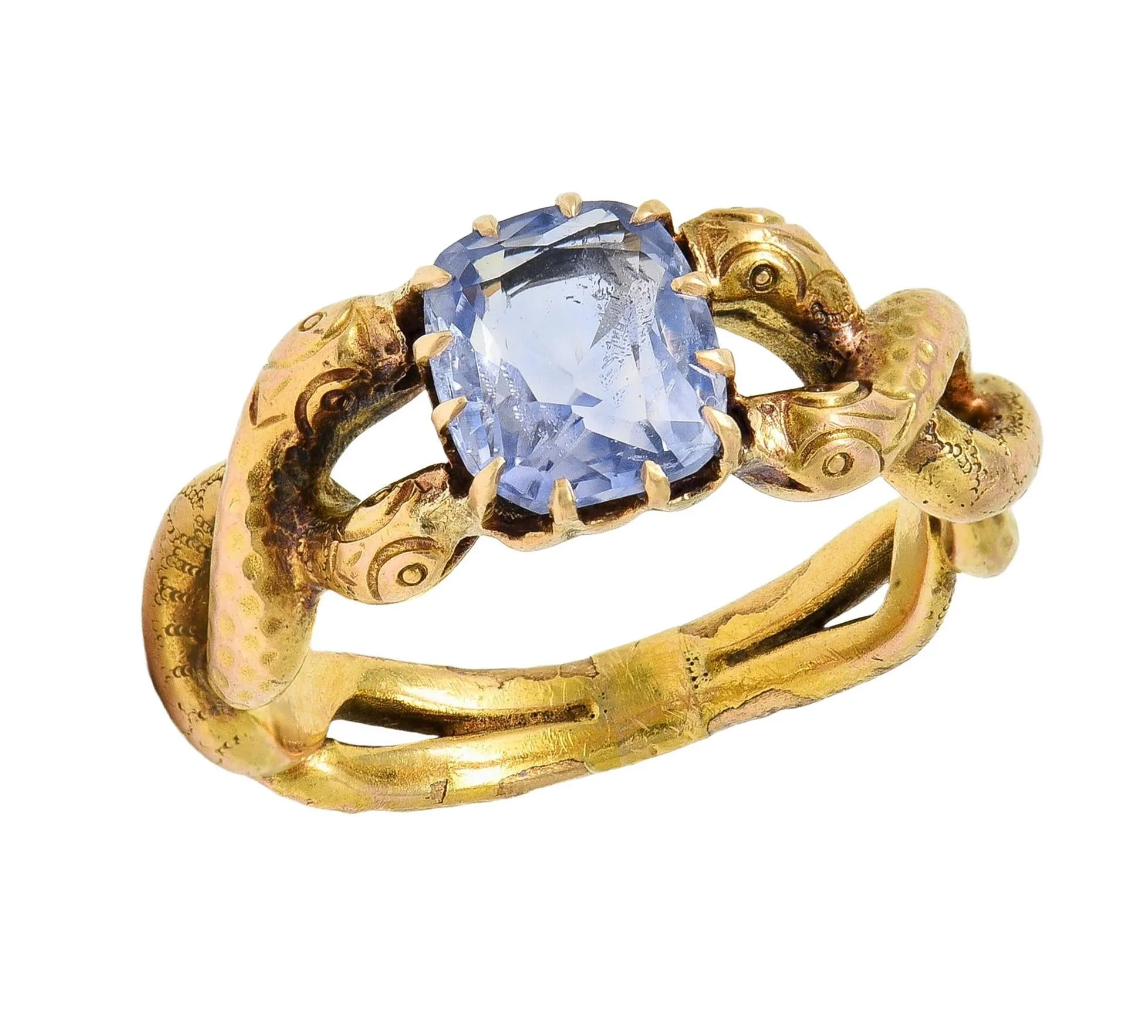 Victorian 1.92 CTW Sapphire 14 Karat Yellow Gold Antique Love Knot Unisex Snake Ring