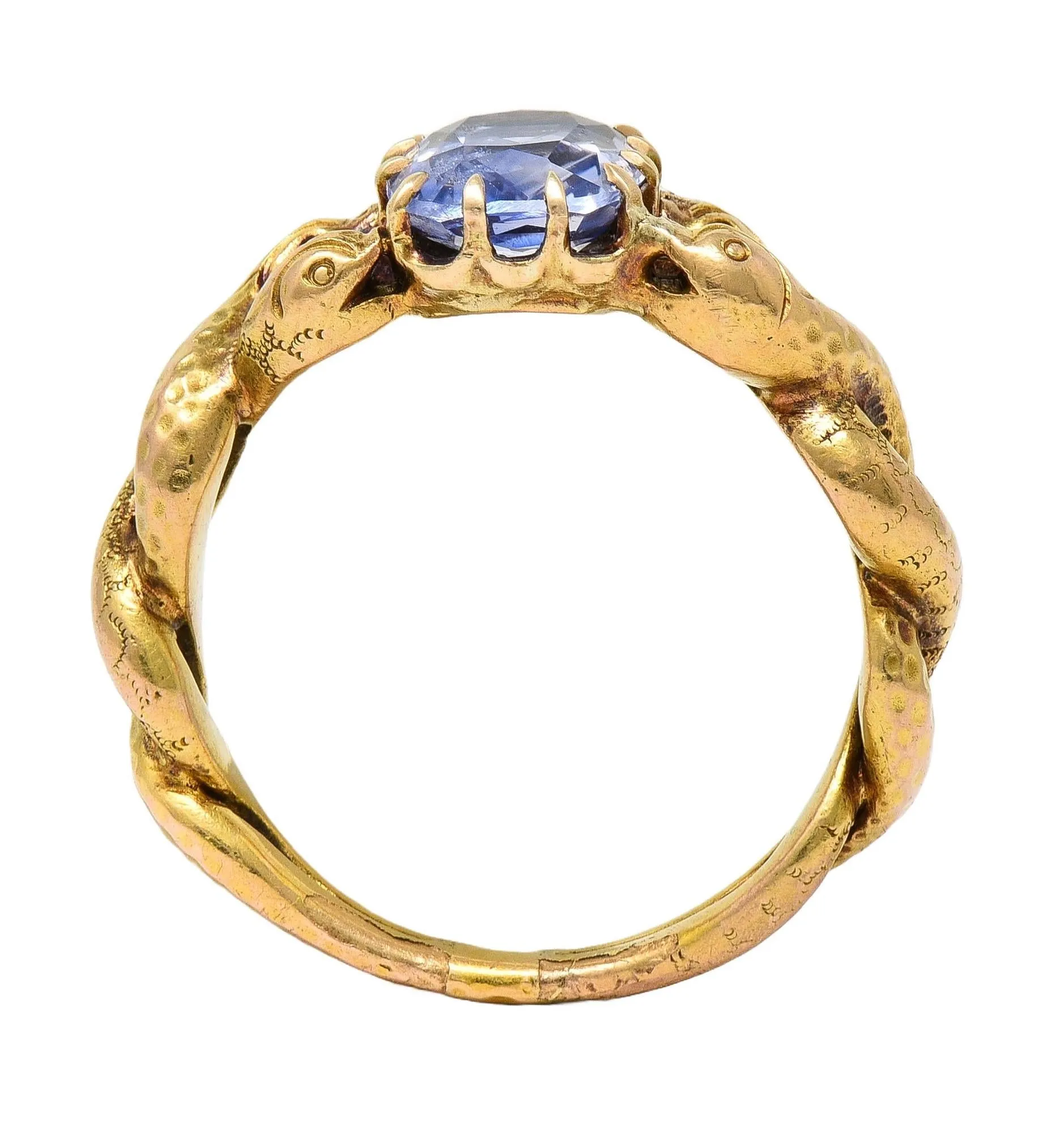 Victorian 1.92 CTW Sapphire 14 Karat Yellow Gold Antique Love Knot Unisex Snake Ring