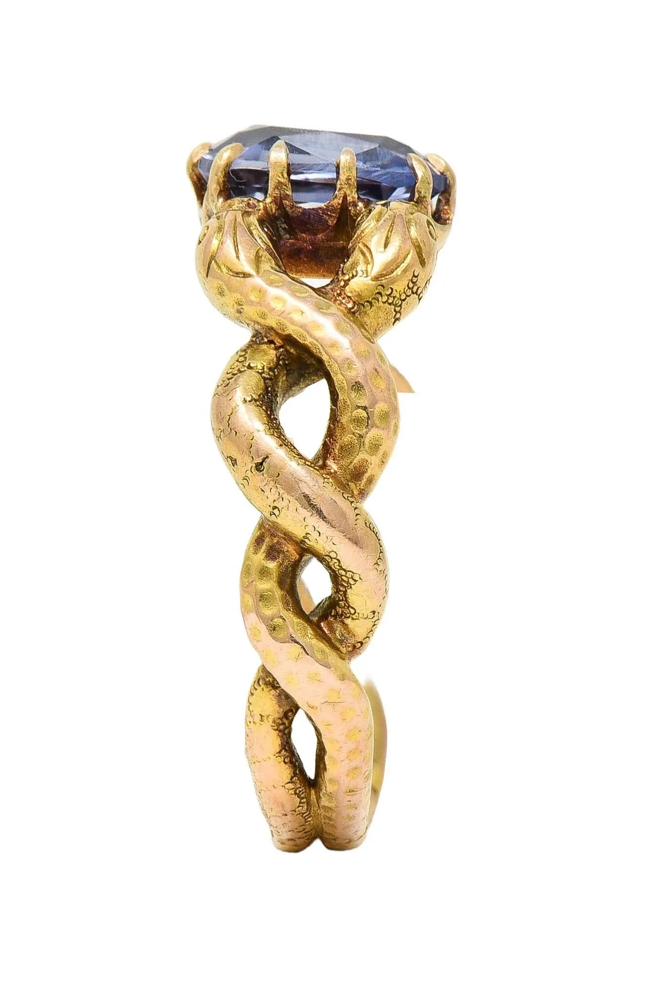 Victorian 1.92 CTW Sapphire 14 Karat Yellow Gold Antique Love Knot Unisex Snake Ring