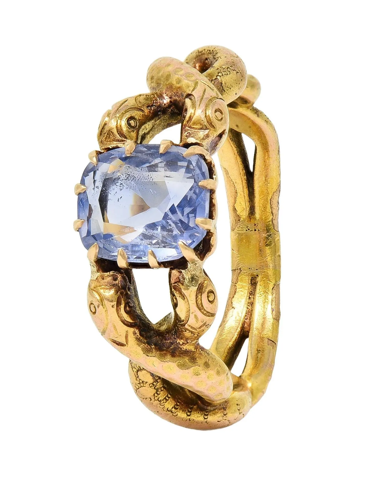 Victorian 1.92 CTW Sapphire 14 Karat Yellow Gold Antique Love Knot Unisex Snake Ring