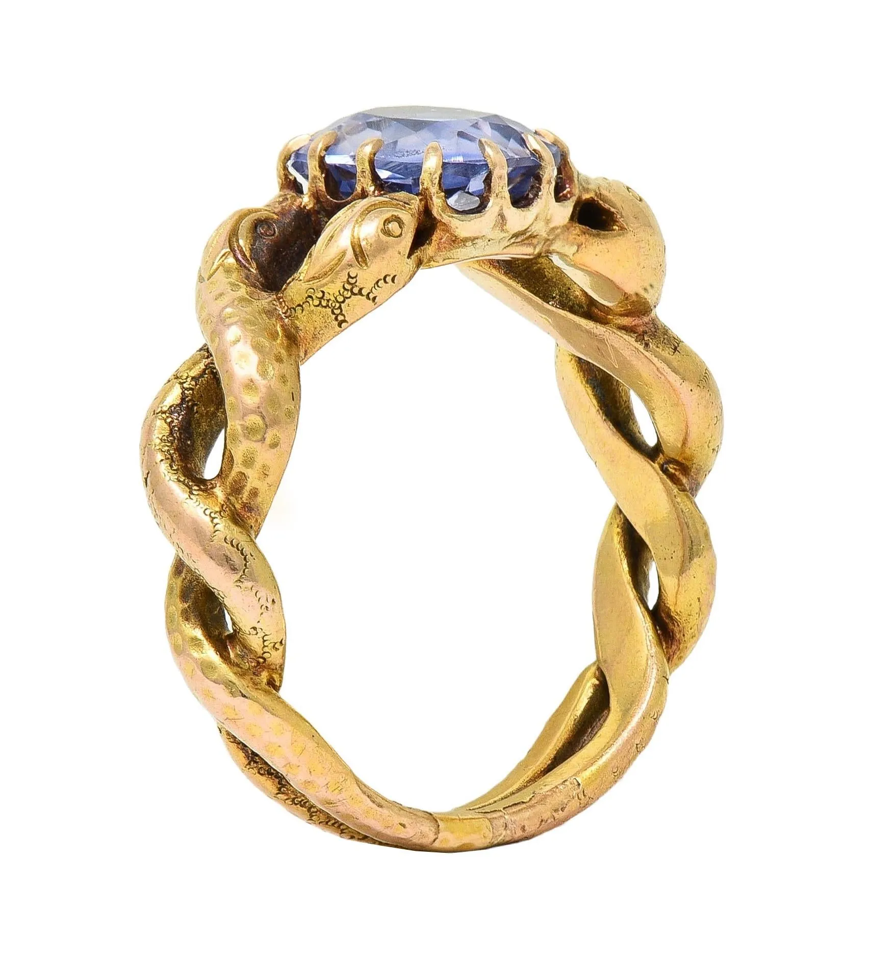 Victorian 1.92 CTW Sapphire 14 Karat Yellow Gold Antique Love Knot Unisex Snake Ring