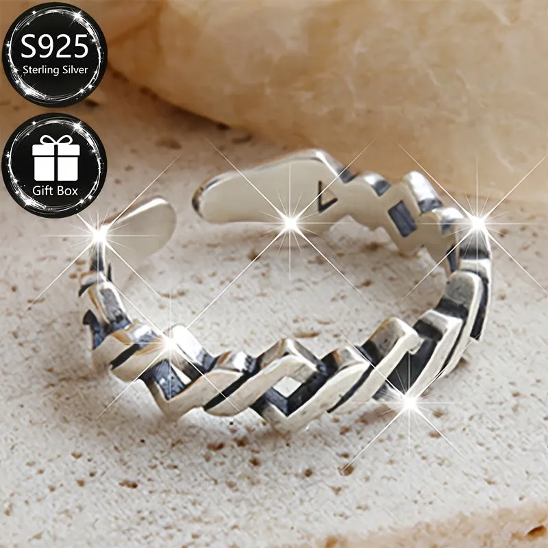 Vintage 925 Silver Adjustable Open Ring Hollow Band Men Women Daily Party Wear