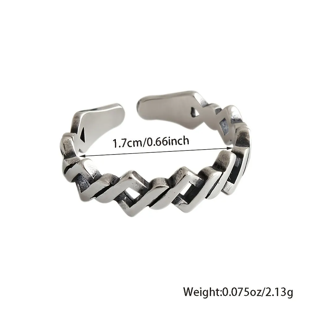 Vintage 925 Silver Adjustable Open Ring Hollow Band Men Women Daily Party Wear