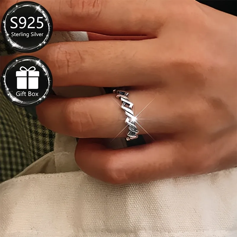 Vintage 925 Silver Adjustable Open Ring Hollow Band Men Women Daily Party Wear