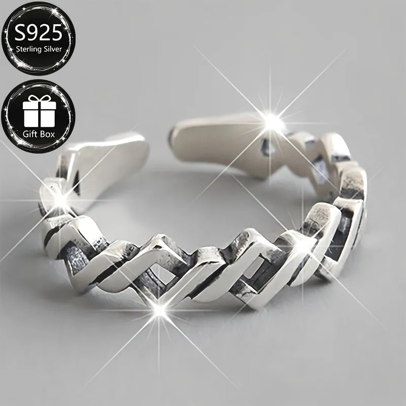 Vintage 925 Silver Adjustable Open Ring Hollow Band Men Women Daily Party Wear