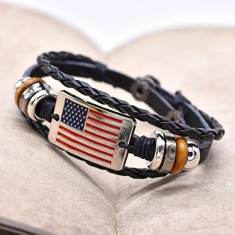 Vintage American Flag Bracelet Buckle Braided