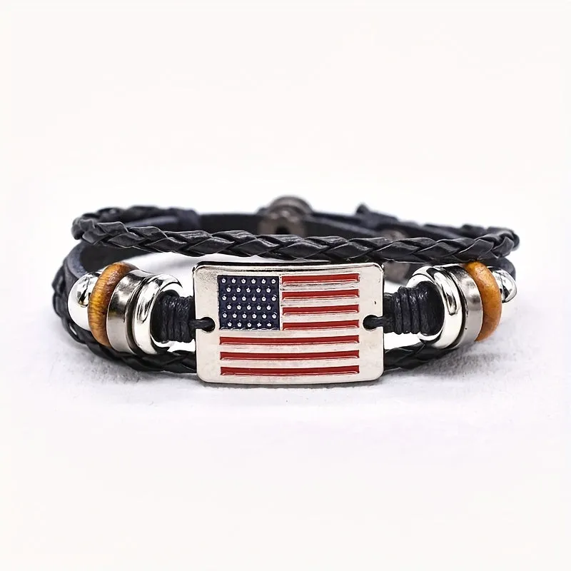 Vintage American Flag Bracelet Buckle Braided