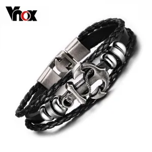 Vintage Anchor Bracelet Black Genuine Braided Leather
