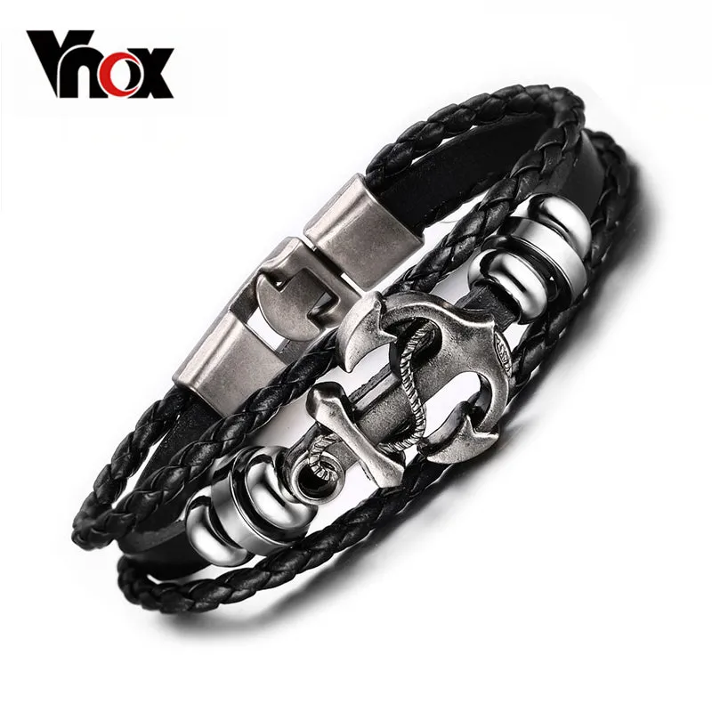 Vintage Anchor Bracelet Black Genuine Braided Leather