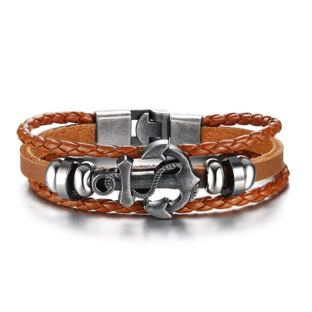 Vintage Anchor Bracelet Black Genuine Braided Leather