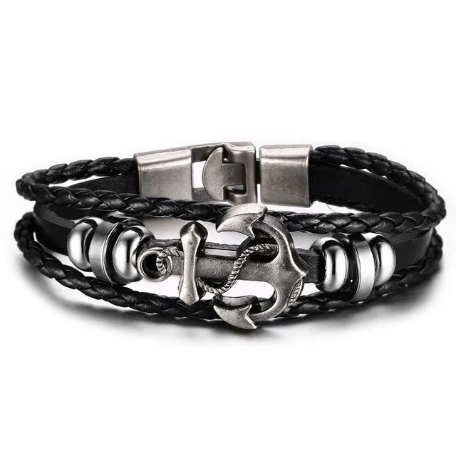Vintage Anchor Bracelet Black Genuine Braided Leather