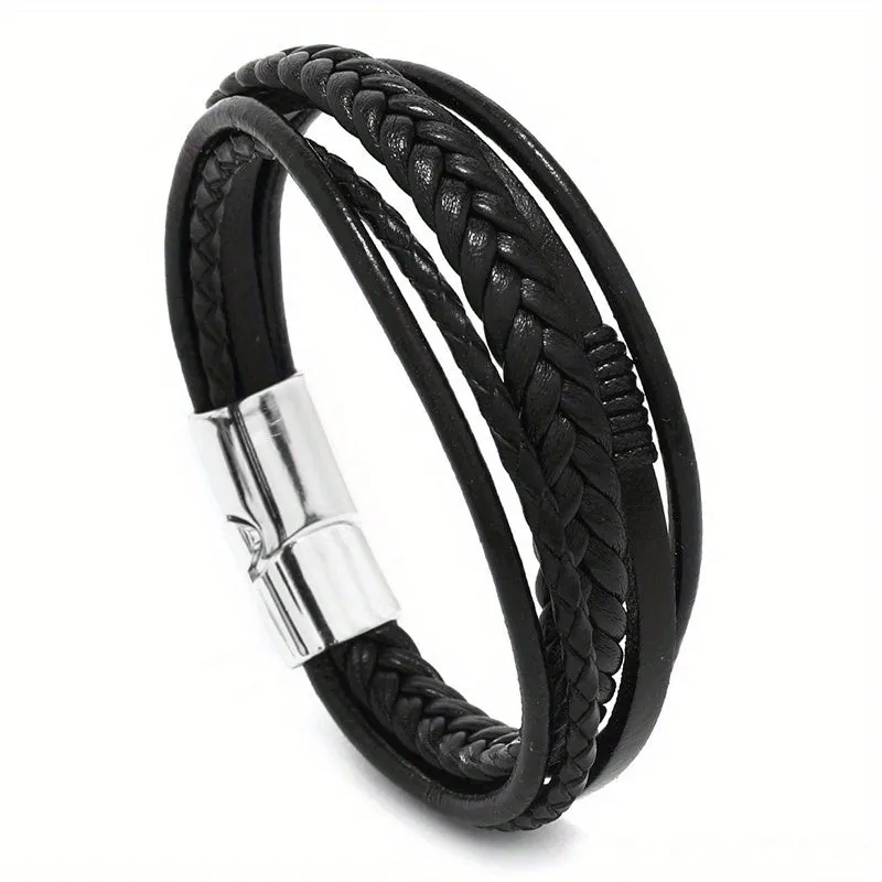 Vintage Braided Men's Leather Bracelet Alloy Magnet Buckle Jewelry Bangle