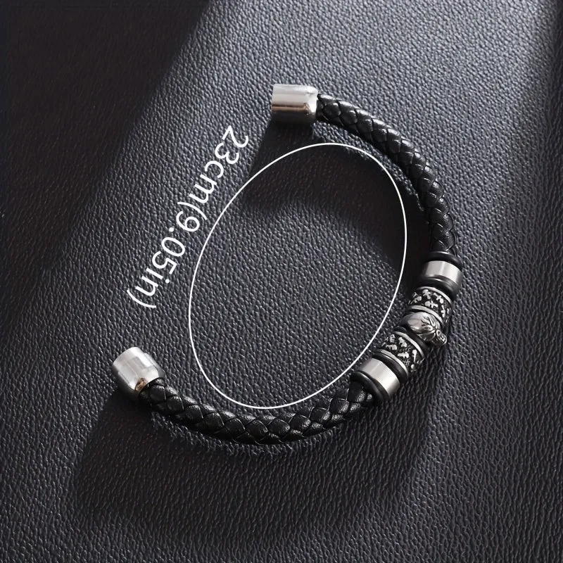 Vintage Gothic Skull Bracelet Magnetic Clasp Single Layer PU Leather Men