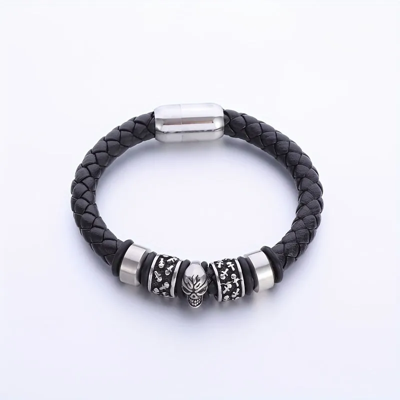 Vintage Gothic Skull Bracelet Magnetic Clasp Single Layer PU Leather Men