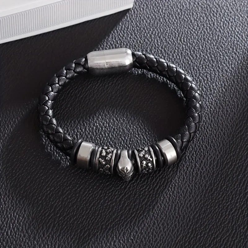 Vintage Gothic Skull Bracelet Magnetic Clasp Single Layer PU Leather Men