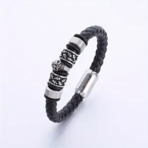 Vintage Gothic Skull Bracelet Magnetic Clasp Single Layer PU Leather Men
